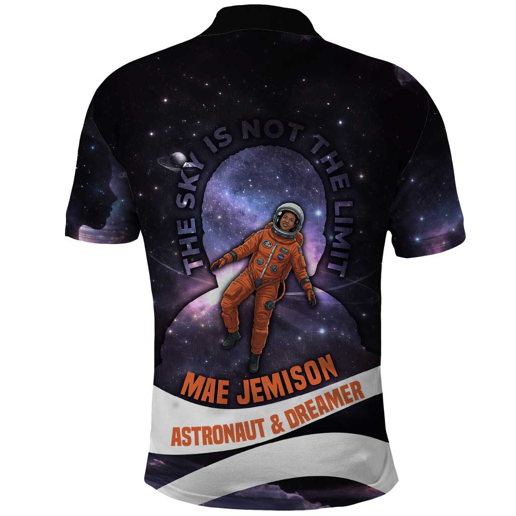Mae Jemison Polo Shirt Cartoon Astronaut Portrait, The Sky Is Not the Limit Quote and Galaxy Dreamer - African Pride
