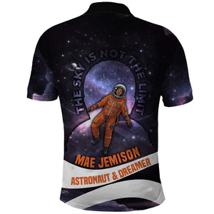 Mae Jemison Polo Shirt Cartoon Astronaut Portrait, The Sky Is Not the Limit Quote and Galaxy Dreamer - African Pride
