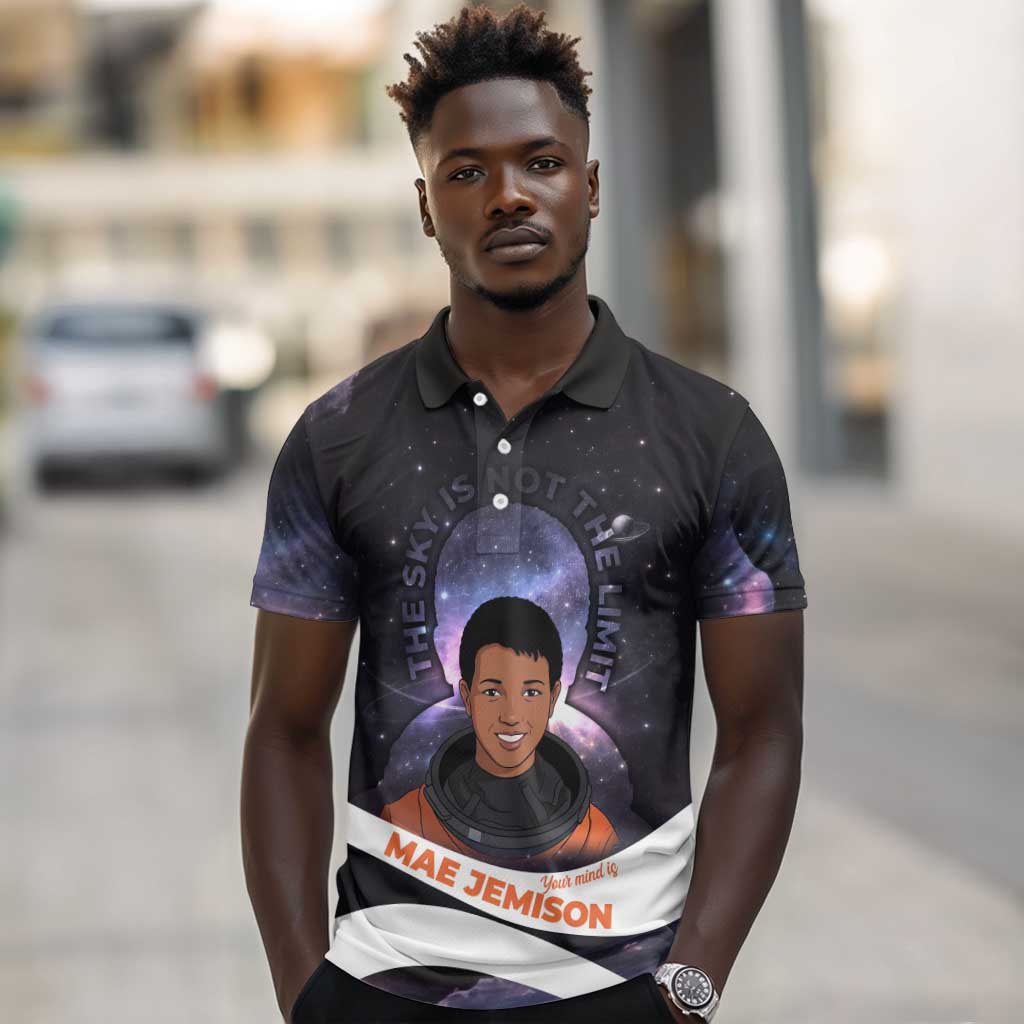 Mae Jemison Polo Shirt Cartoon Astronaut Portrait, The Sky Is Not the Limit Quote and Galaxy Dreamer - African Pride