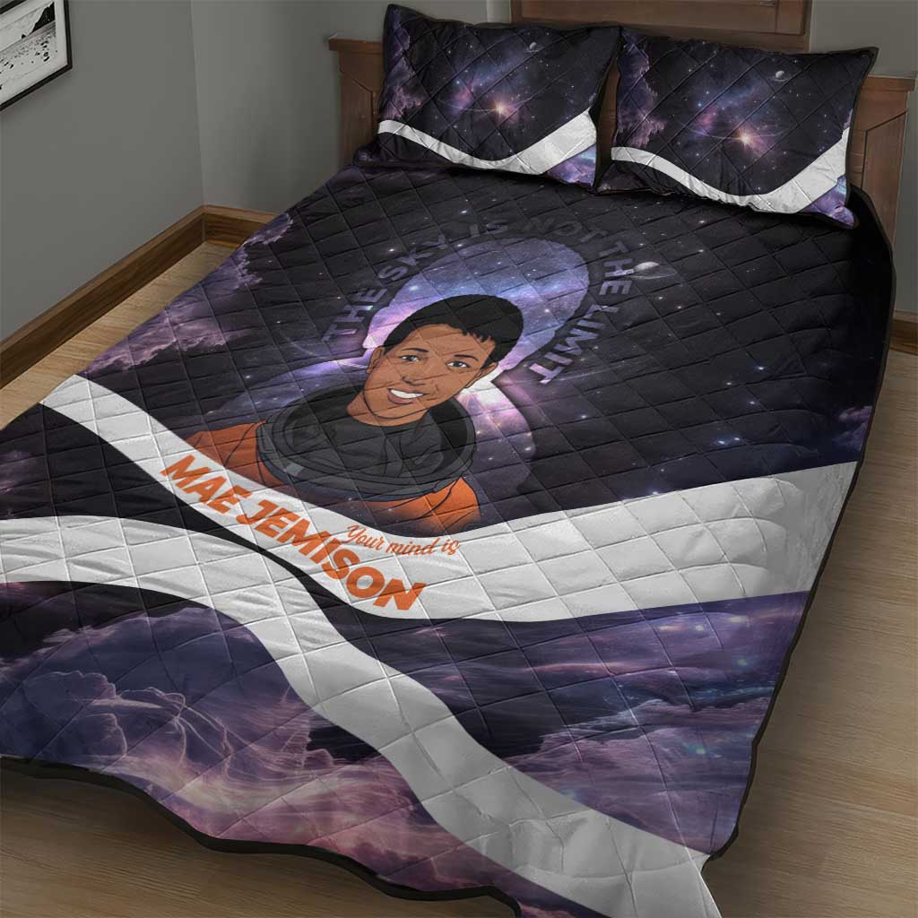 Mae Jemison Quilt Bed Set Cartoon Astronaut Portrait, The Sky Is Not the Limit Quote and Galaxy Dreamer - African Pride