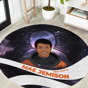 Mae Jemison Round Carpet Cartoon Astronaut Portrait, The Sky Is Not the Limit Quote and Galaxy Dreamer - African Pride