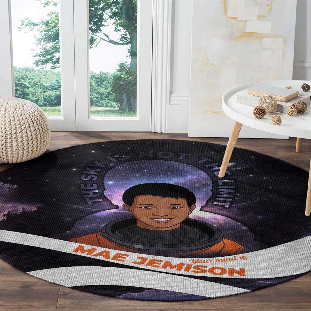 Mae Jemison Round Carpet Cartoon Astronaut Portrait, The Sky Is Not the Limit Quote and Galaxy Dreamer - African Pride