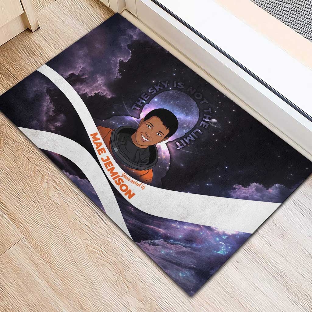 Mae Jemison Rubber Doormat Cartoon Astronaut Portrait, The Sky Is Not the Limit Quote and Galaxy Dreamer - African Pride