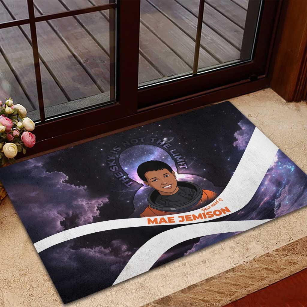 Mae Jemison Rubber Doormat Cartoon Astronaut Portrait, The Sky Is Not the Limit Quote and Galaxy Dreamer - African Pride