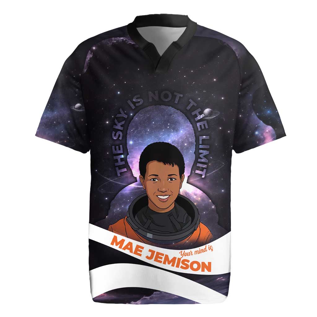 Mae Jemison Rugby Jersey Cartoon Astronaut Portrait, The Sky Is Not the Limit Quote and Galaxy Dreamer - African Pride