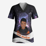 Mae Jemison Scrub Top Cartoon Astronaut Portrait, The Sky Is Not the Limit Quote and Galaxy Dreamer - African Pride