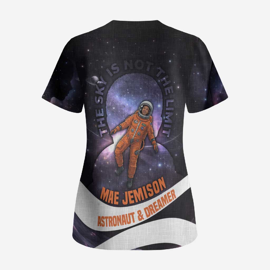 Mae Jemison Scrub Top Cartoon Astronaut Portrait, The Sky Is Not the Limit Quote and Galaxy Dreamer - African Pride