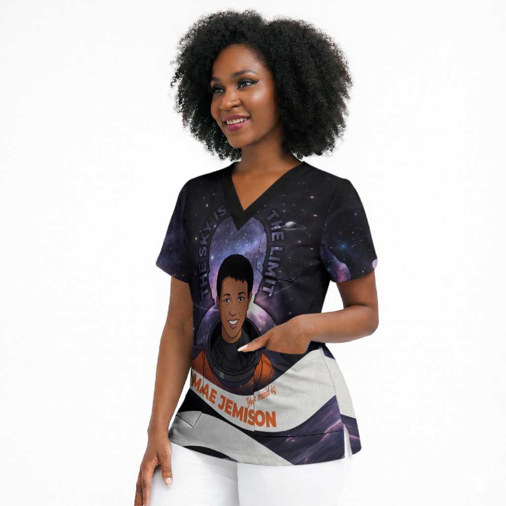 Mae Jemison Scrub Top Cartoon Astronaut Portrait, The Sky Is Not the Limit Quote and Galaxy Dreamer - African Pride
