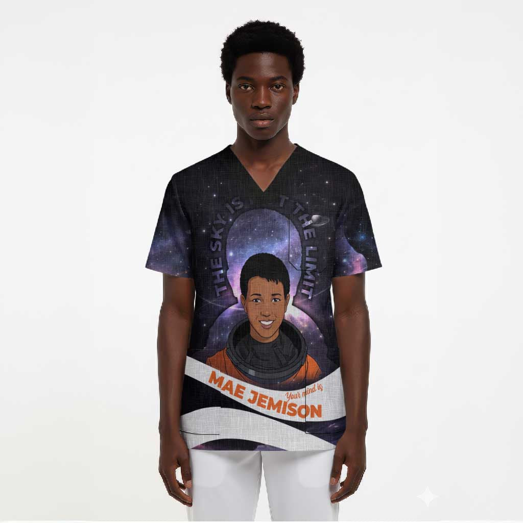 Mae Jemison Scrub Top Cartoon Astronaut Portrait, The Sky Is Not the Limit Quote and Galaxy Dreamer - African Pride