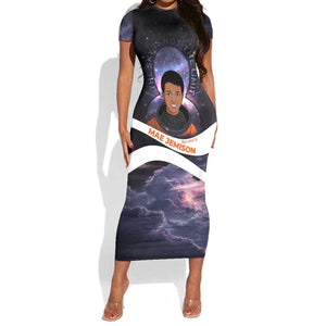 Mae Jemison Short Sleeve Bodycon Dress Cartoon Astronaut Portrait, The Sky Is Not the Limit Quote and Galaxy Dreamer - African Pride