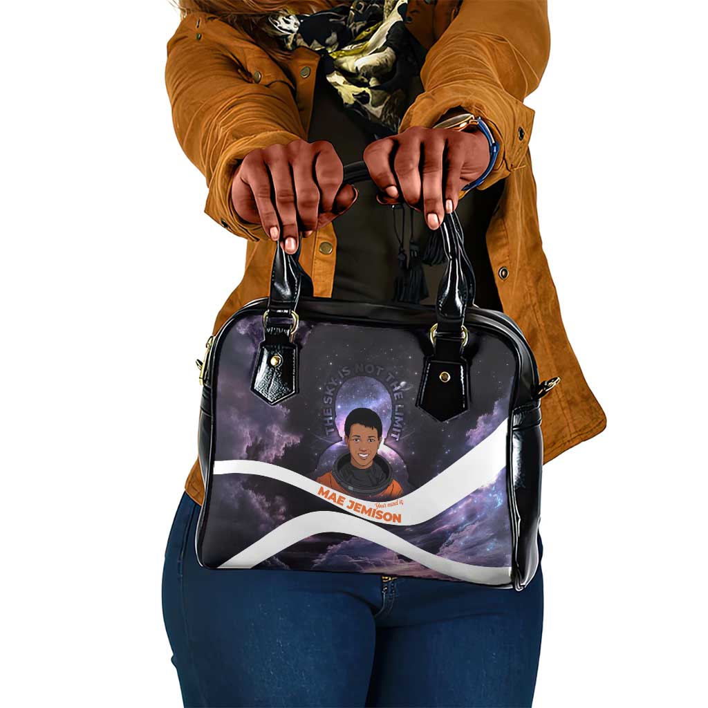 Mae Jemison Shoulder Handbag Cartoon Astronaut Portrait, The Sky Is Not the Limit Quote and Galaxy Dreamer - African Pride