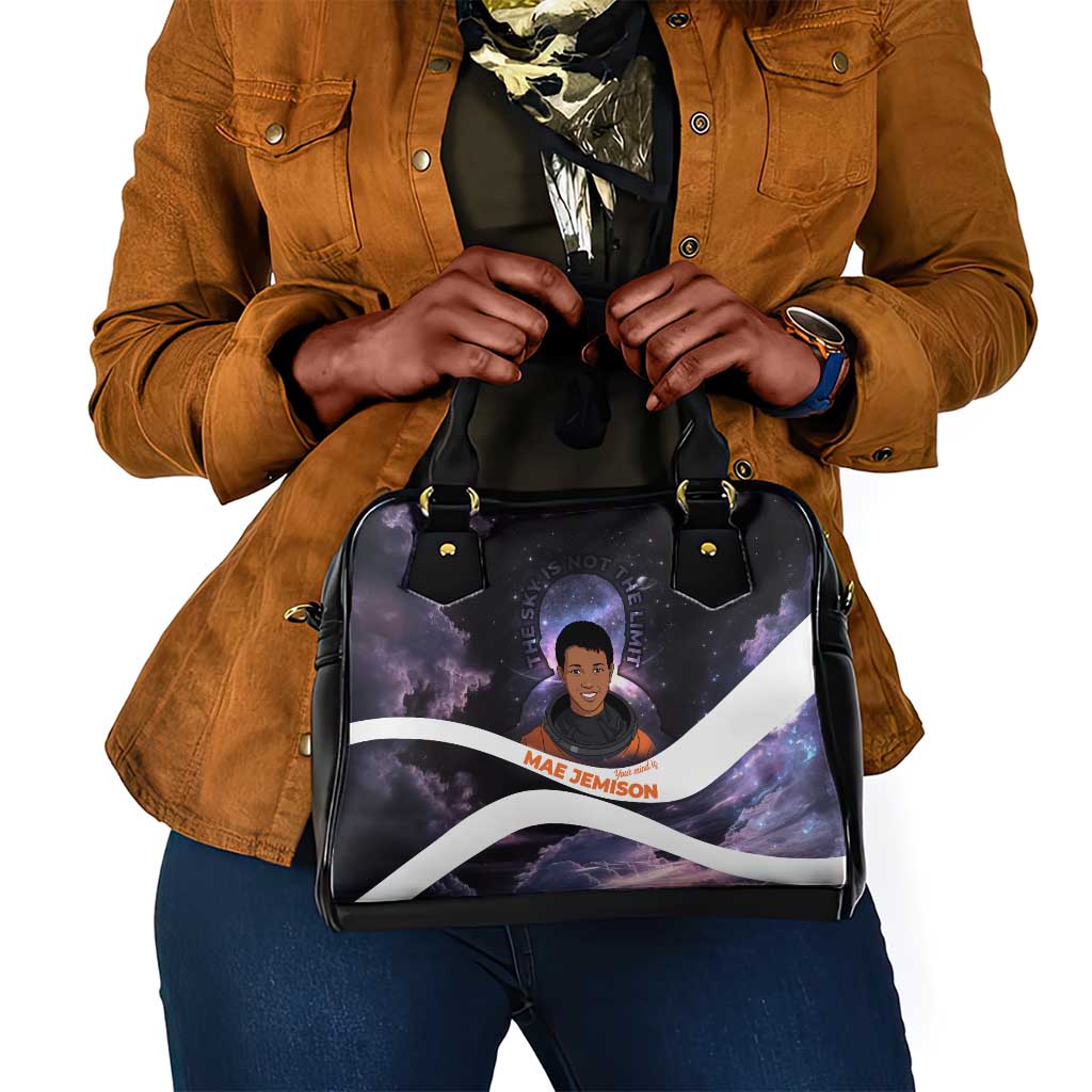 Mae Jemison Shoulder Handbag Cartoon Astronaut Portrait, The Sky Is Not the Limit Quote and Galaxy Dreamer - African Pride