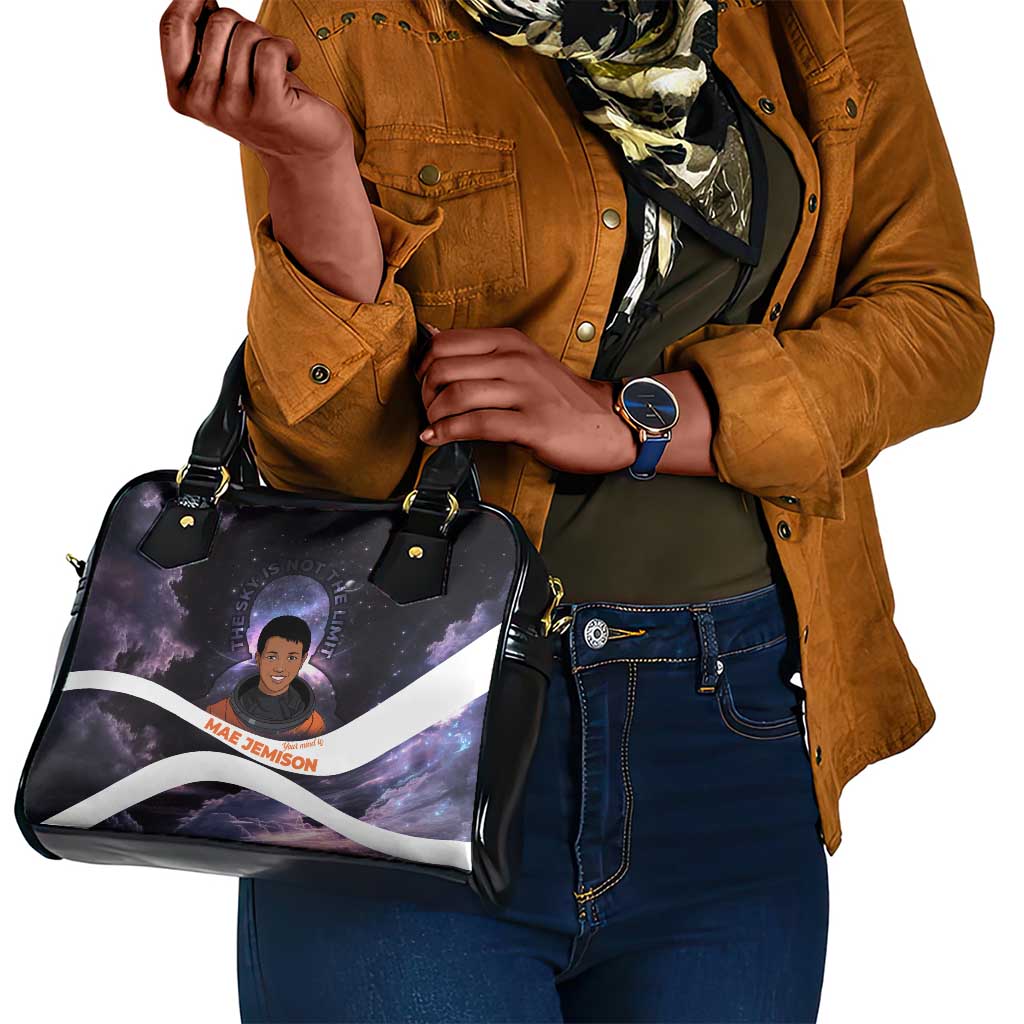 Mae Jemison Shoulder Handbag Cartoon Astronaut Portrait, The Sky Is Not the Limit Quote and Galaxy Dreamer - African Pride