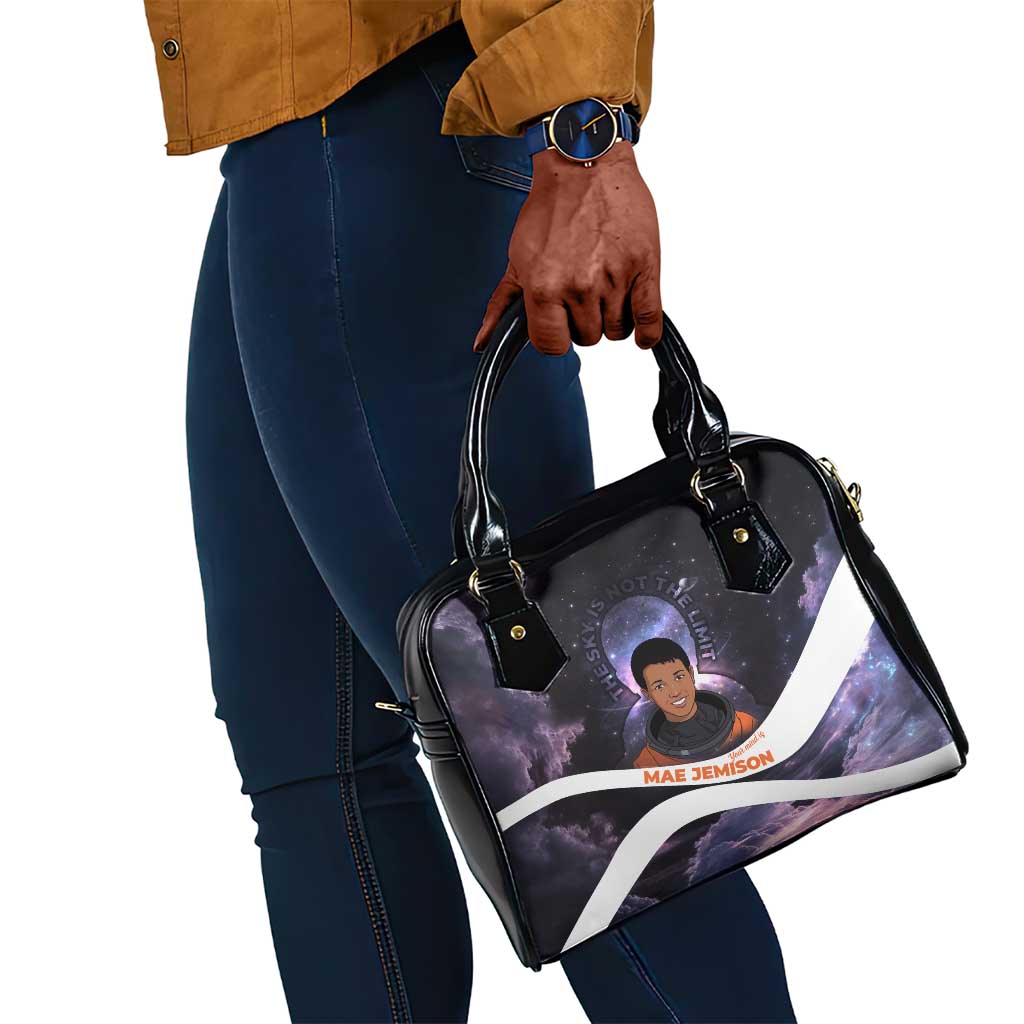 Mae Jemison Shoulder Handbag Cartoon Astronaut Portrait, The Sky Is Not the Limit Quote and Galaxy Dreamer - African Pride