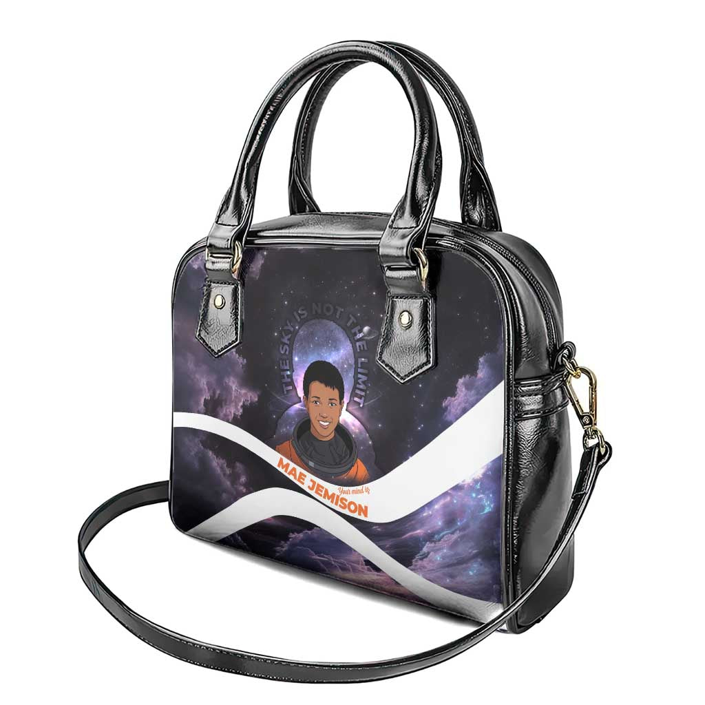 Mae Jemison Shoulder Handbag Cartoon Astronaut Portrait, The Sky Is Not the Limit Quote and Galaxy Dreamer - African Pride