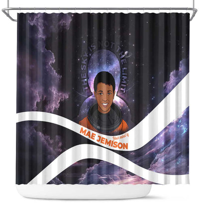 Mae Jemison Shower Curtain Cartoon Astronaut Portrait, The Sky Is Not the Limit Quote and Galaxy Dreamer - African Pride