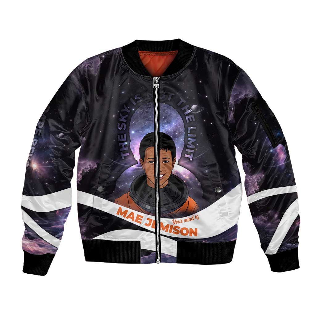Mae Jemison Sleeve Zip Bomber Jacket Cartoon Astronaut Portrait, The Sky Is Not the Limit Quote and Galaxy Dreamer - African Pride