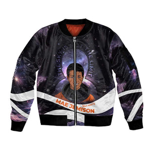 Mae Jemison Sleeve Zip Bomber Jacket Cartoon Astronaut Portrait, The Sky Is Not the Limit Quote and Galaxy Dreamer - African Pride