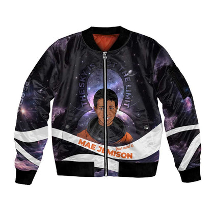 Mae Jemison Sleeve Zip Bomber Jacket Cartoon Astronaut Portrait, The Sky Is Not the Limit Quote and Galaxy Dreamer - African Pride
