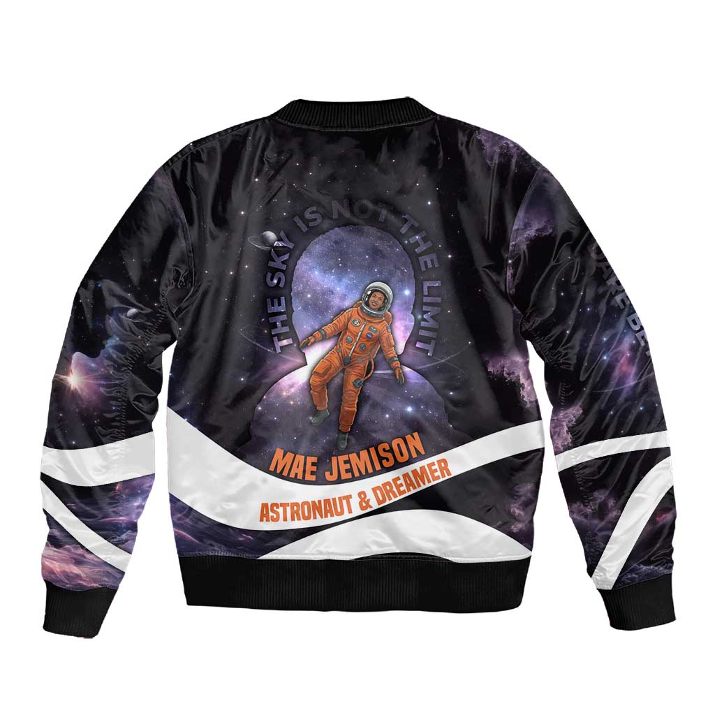 Mae Jemison Sleeve Zip Bomber Jacket Cartoon Astronaut Portrait, The Sky Is Not the Limit Quote and Galaxy Dreamer - African Pride