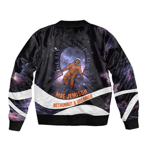 Mae Jemison Sleeve Zip Bomber Jacket Cartoon Astronaut Portrait, The Sky Is Not the Limit Quote and Galaxy Dreamer - African Pride