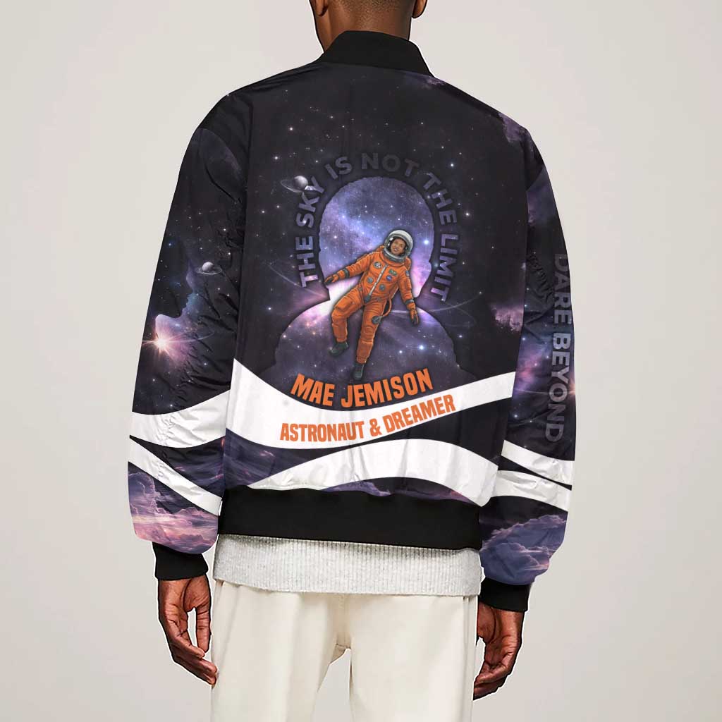 Mae Jemison Sleeve Zip Bomber Jacket Cartoon Astronaut Portrait, The Sky Is Not the Limit Quote and Galaxy Dreamer - African Pride