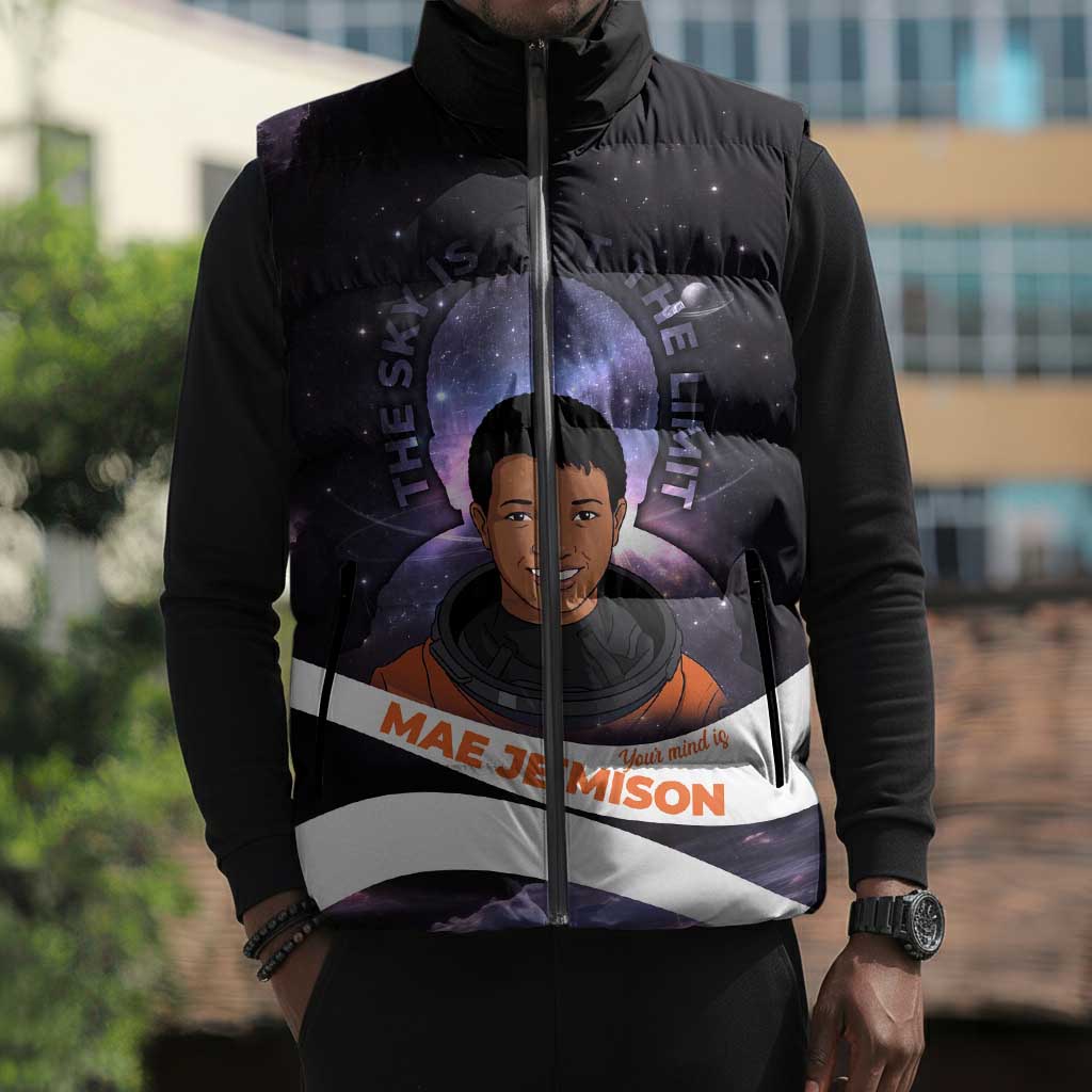 Mae Jemison Sleeveless Puffer Jacket Cartoon Astronaut Portrait, The Sky Is Not the Limit Quote and Galaxy Dreamer - African Pride