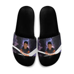 Mae Jemison Slide Sandals Cartoon Astronaut Portrait, The Sky Is Not the Limit Quote and Galaxy Dreamer - African Pride