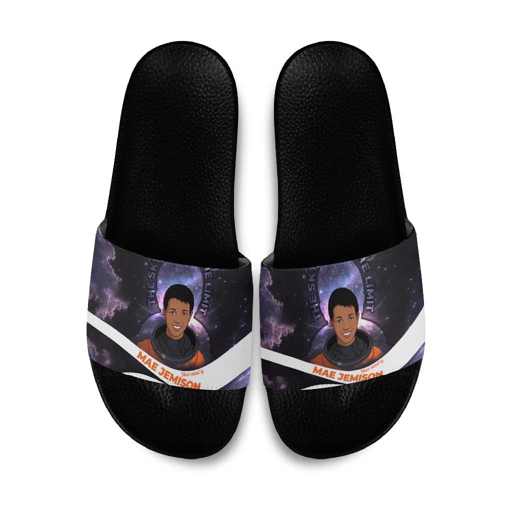 Mae Jemison Slide Sandals Cartoon Astronaut Portrait, The Sky Is Not the Limit Quote and Galaxy Dreamer - African Pride