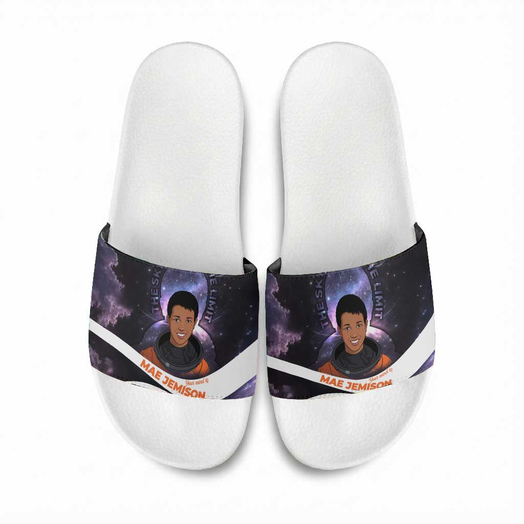 Mae Jemison Slide Sandals Cartoon Astronaut Portrait, The Sky Is Not the Limit Quote and Galaxy Dreamer - African Pride