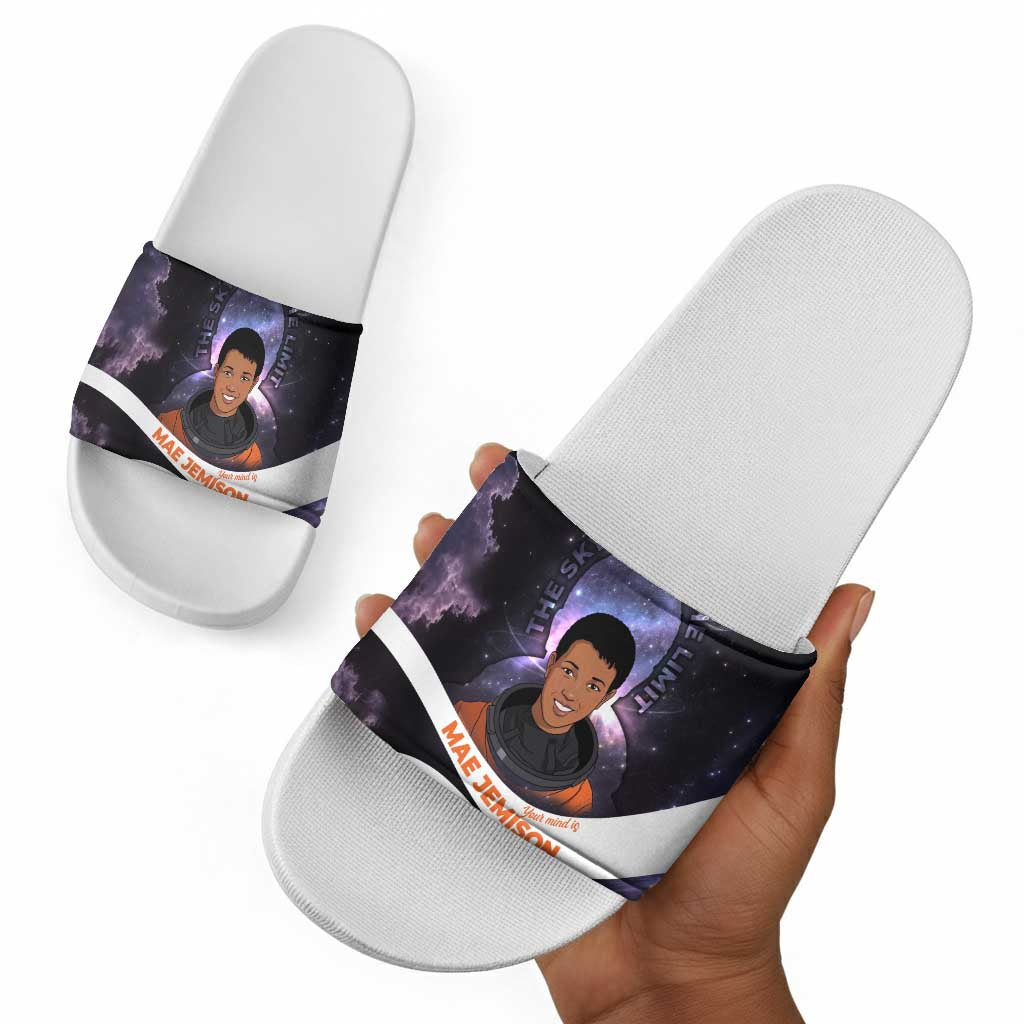 Mae Jemison Slide Sandals Cartoon Astronaut Portrait, The Sky Is Not the Limit Quote and Galaxy Dreamer - African Pride