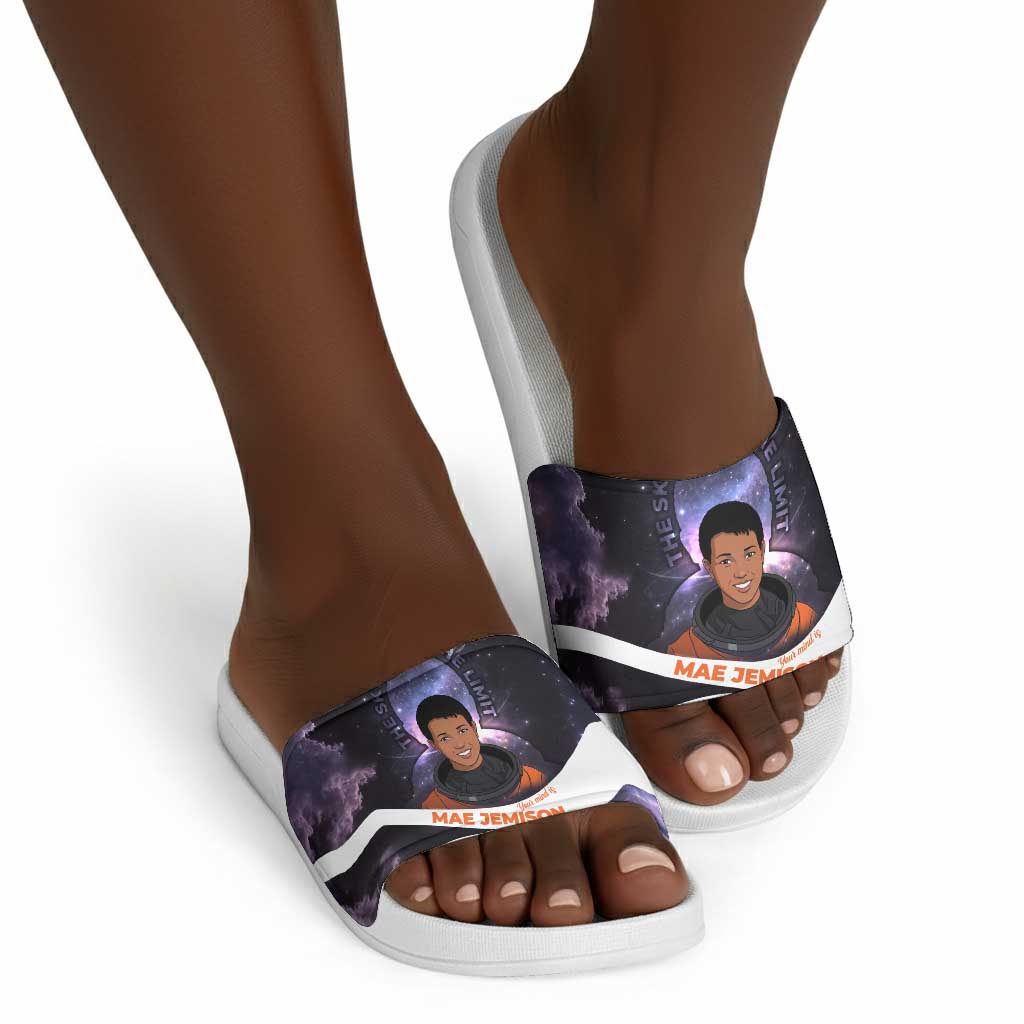 Mae Jemison Slide Sandals Cartoon Astronaut Portrait, The Sky Is Not the Limit Quote and Galaxy Dreamer - African Pride