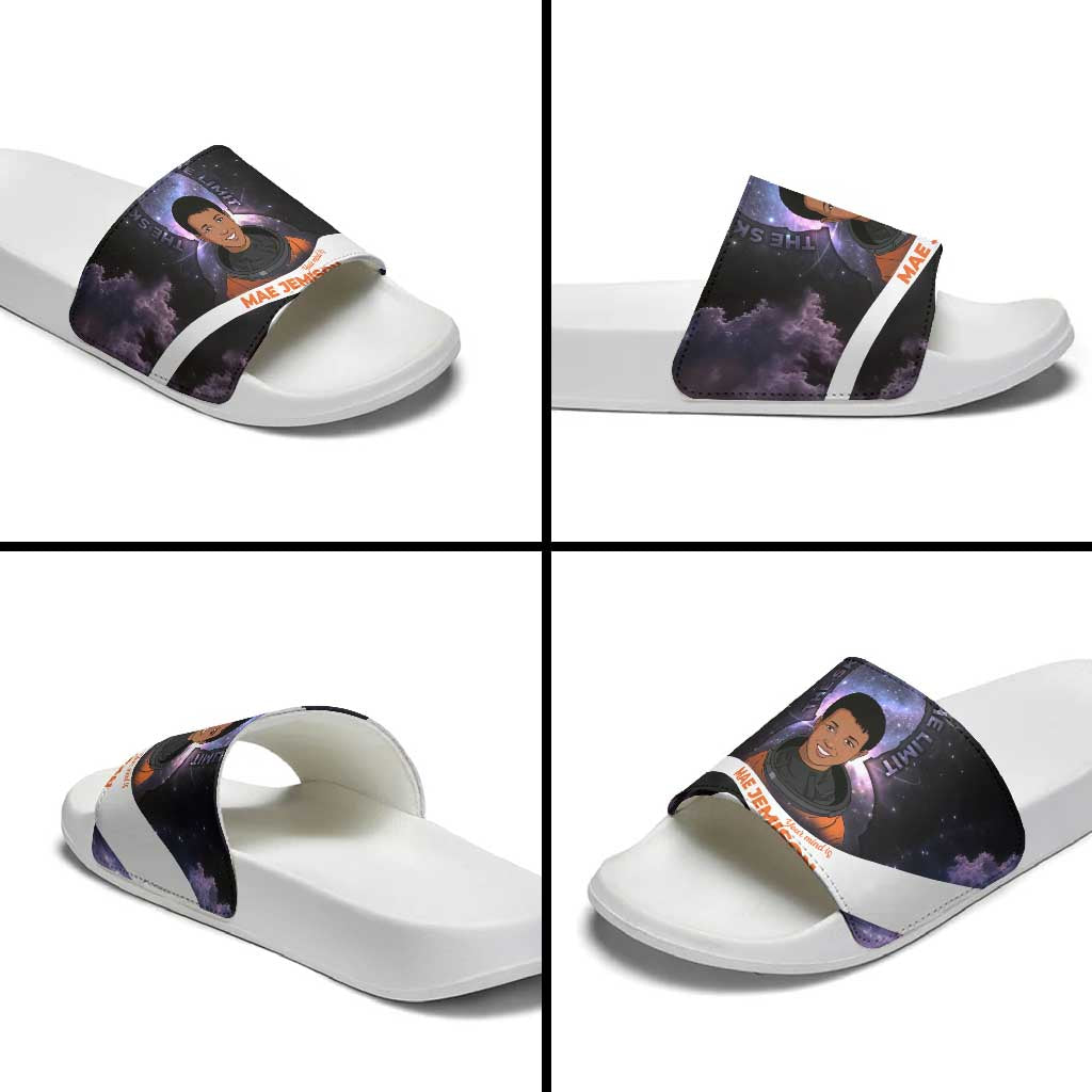 Mae Jemison Slide Sandals Cartoon Astronaut Portrait, The Sky Is Not the Limit Quote and Galaxy Dreamer - African Pride