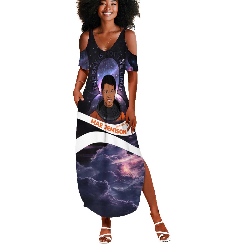 Mae Jemison Summer Maxi Dress Cartoon Astronaut Portrait, The Sky Is Not the Limit Quote and Galaxy Dreamer - African Pride