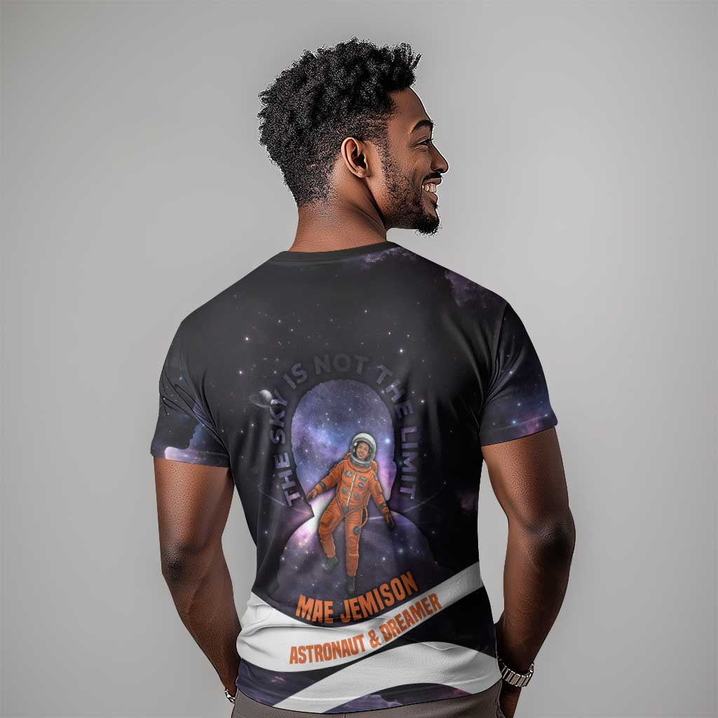 Mae Jemison T shirt Cartoon Astronaut Portrait, The Sky Is Not the Limit Quote and Galaxy Dreamer - African Pride