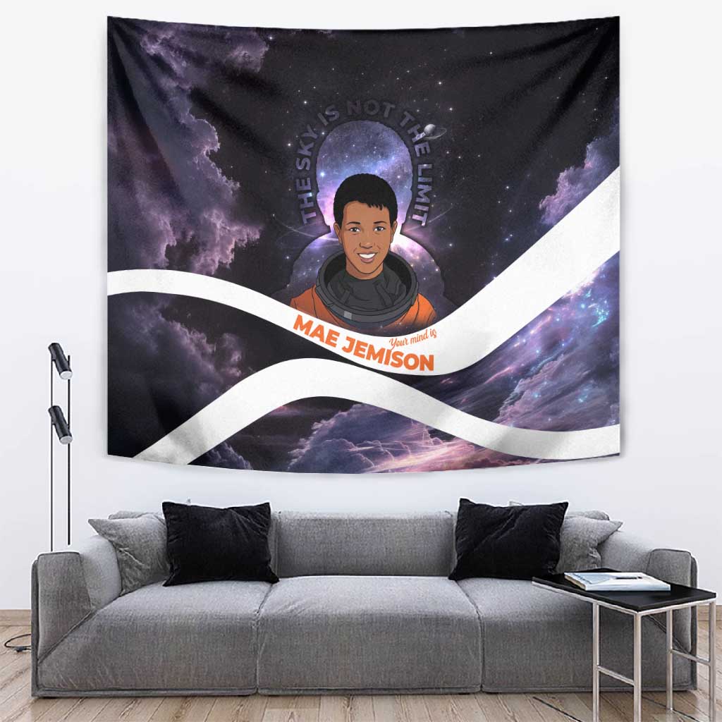 Mae Jemison Tapestry Cartoon Astronaut Portrait, The Sky Is Not the Limit Quote and Galaxy Dreamer - African Pride