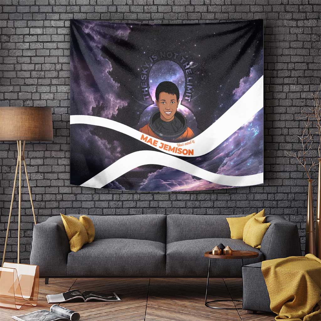 Mae Jemison Tapestry Cartoon Astronaut Portrait, The Sky Is Not the Limit Quote and Galaxy Dreamer - African Pride