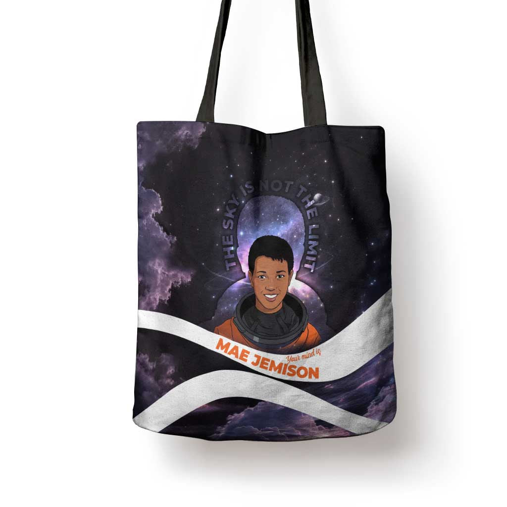 Mae Jemison Tote Bag Cartoon Astronaut Portrait, The Sky Is Not the Limit Quote and Galaxy Dreamer - African Pride