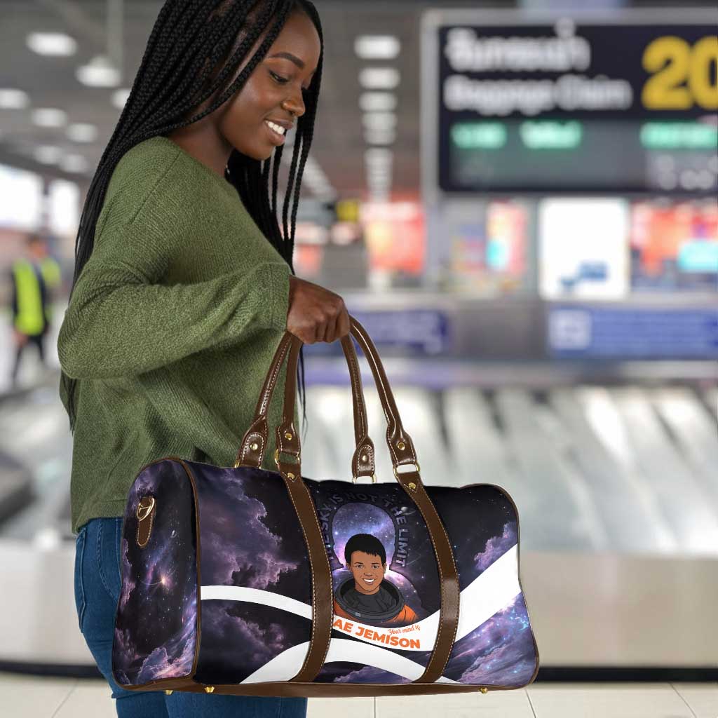 Mae Jemison Travel Bag Cartoon Astronaut Portrait, The Sky Is Not the Limit Quote and Galaxy Dreamer - African Pride