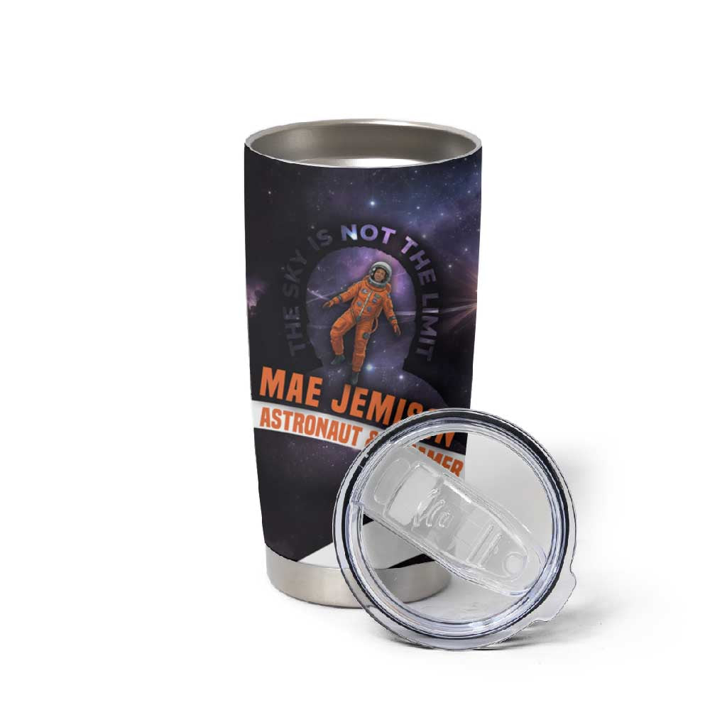 Mae Jemison Tumbler Cup Cartoon Astronaut Portrait, The Sky Is Not the Limit Quote and Galaxy Dreamer - African Pride