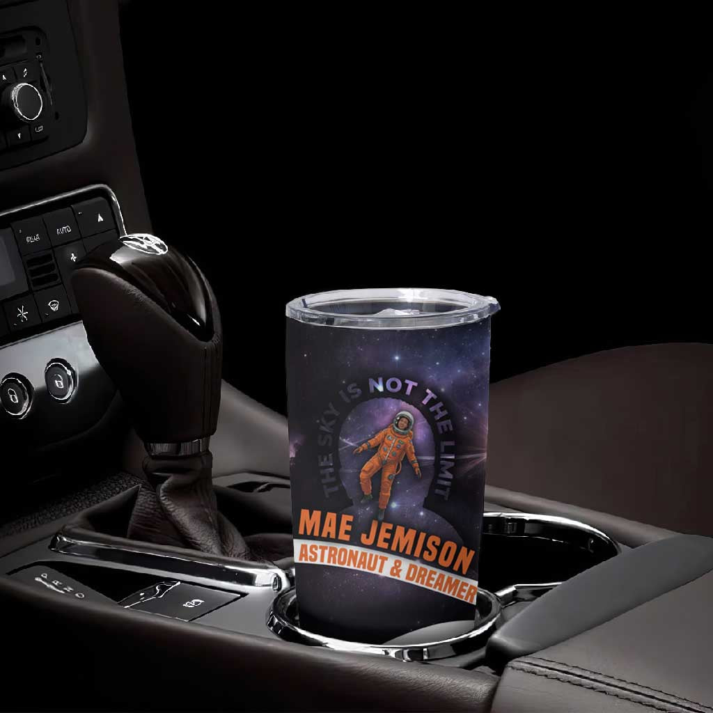Mae Jemison Tumbler Cup Cartoon Astronaut Portrait, The Sky Is Not the Limit Quote and Galaxy Dreamer - African Pride