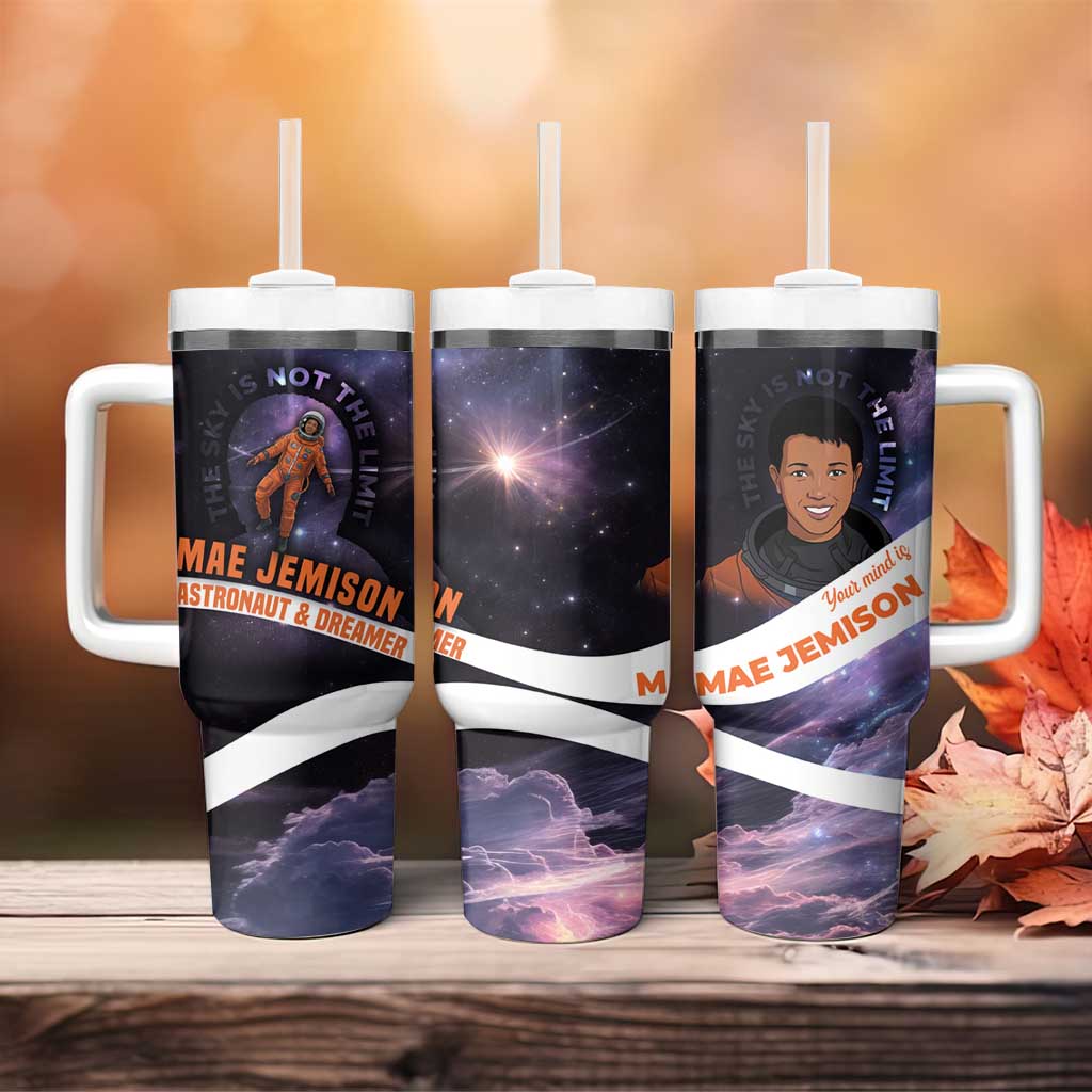 Mae Jemison Tumbler With Handle Cartoon Astronaut Portrait, The Sky Is Not the Limit Quote and Galaxy Dreamer - African Pride