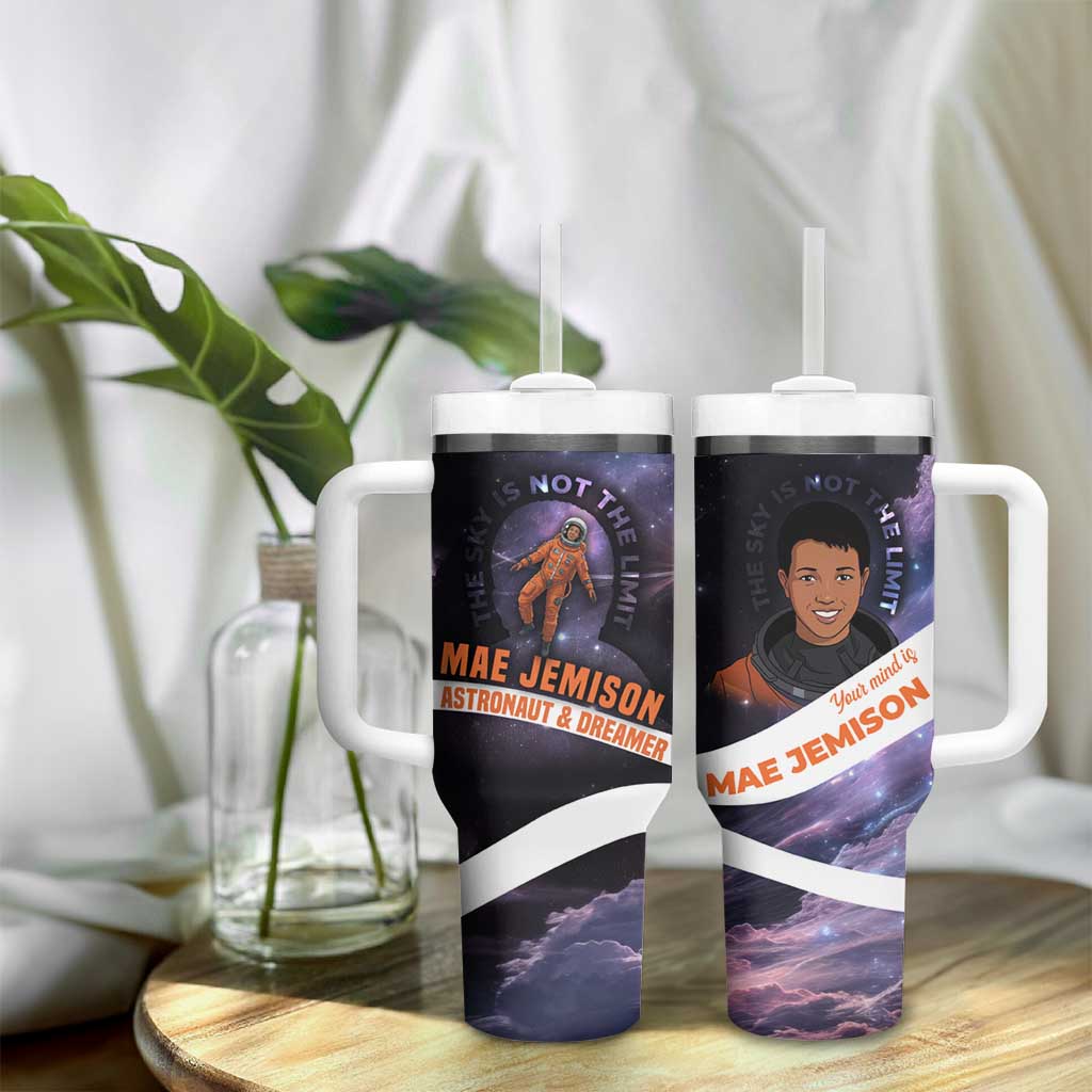 Mae Jemison Tumbler With Handle Cartoon Astronaut Portrait, The Sky Is Not the Limit Quote and Galaxy Dreamer - African Pride