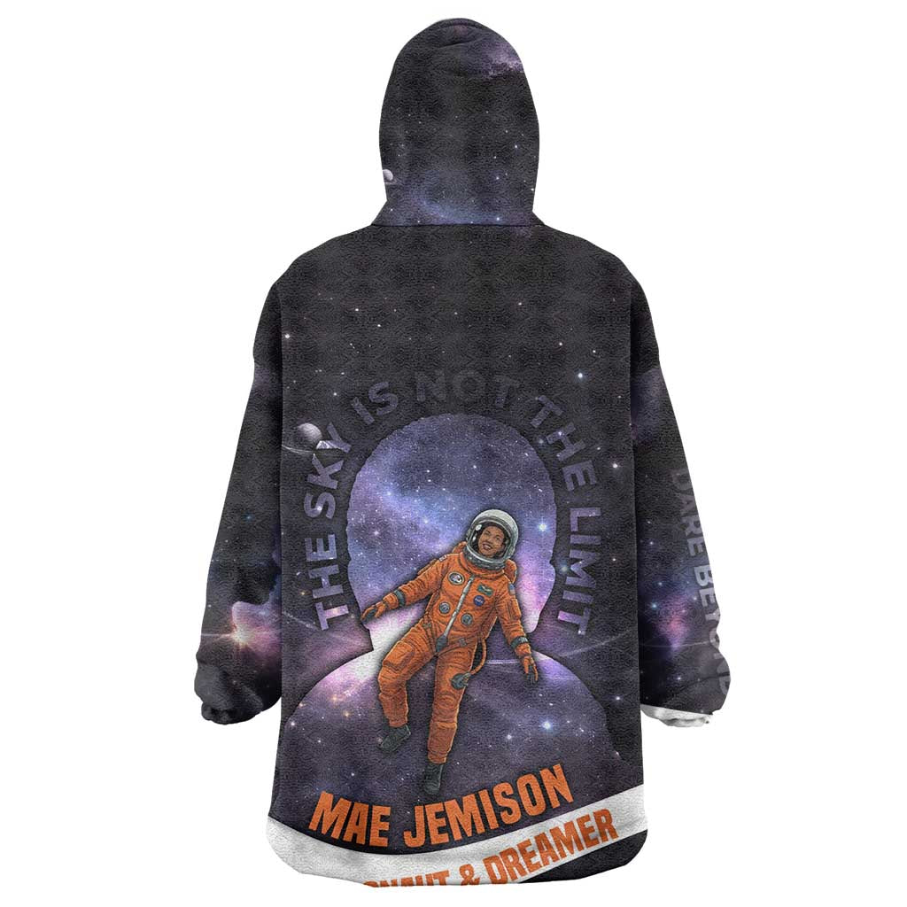 Mae Jemison Wearable Blanket Hoodie Cartoon Astronaut Portrait, The Sky Is Not the Limit Quote and Galaxy Dreamer - African Pride