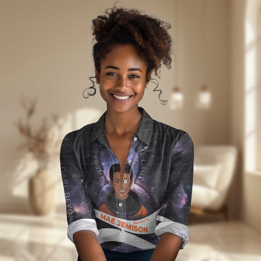 Mae Jemison Women Casual Shirt Cartoon Astronaut Portrait, The Sky Is Not the Limit Quote and Galaxy Dreamer - African Pride