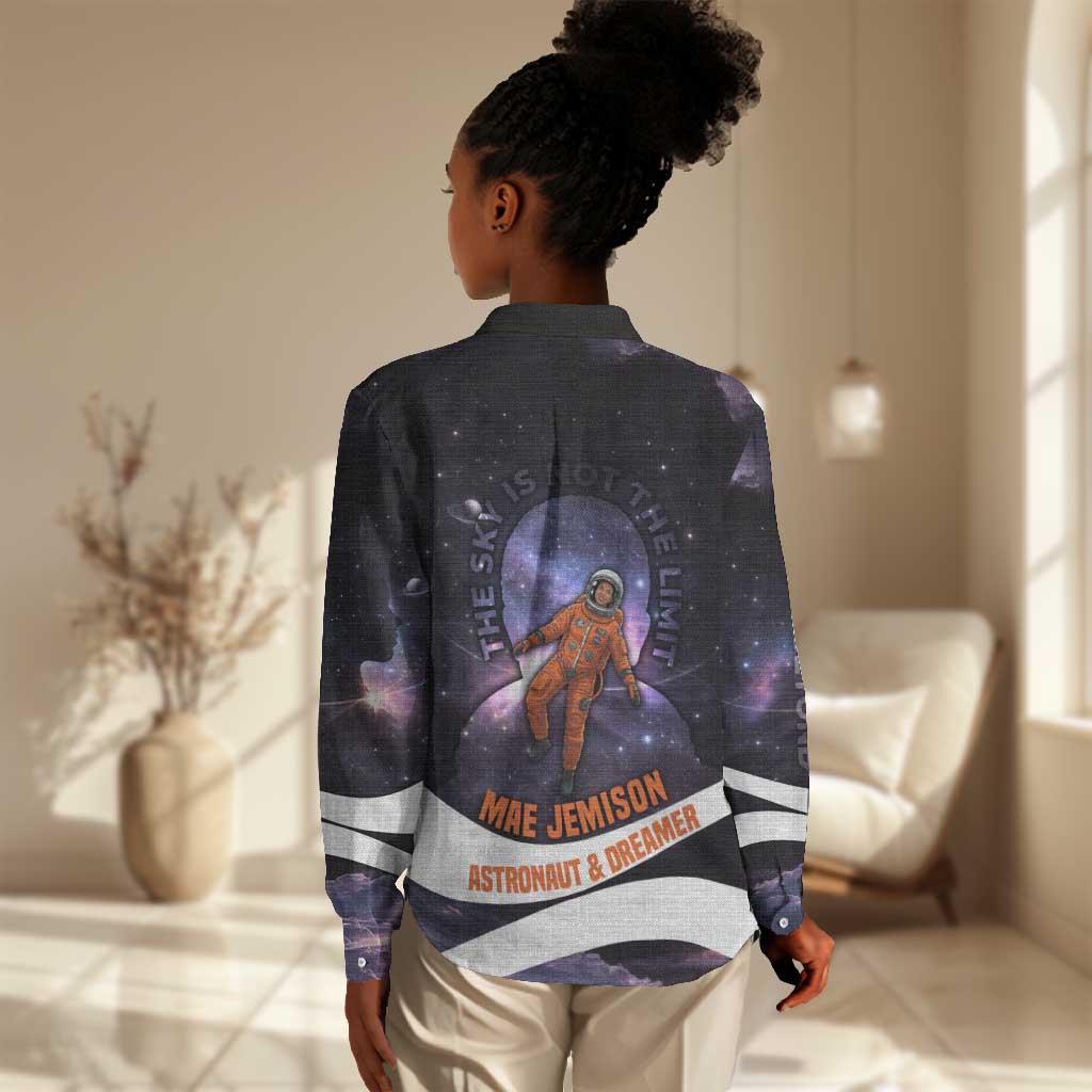Mae Jemison Women Casual Shirt Cartoon Astronaut Portrait, The Sky Is Not the Limit Quote and Galaxy Dreamer - African Pride