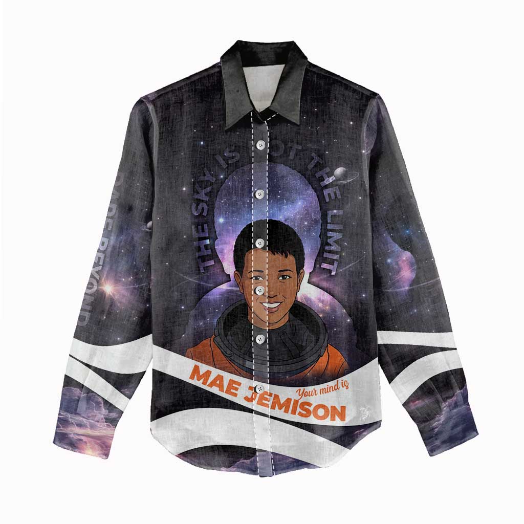 Mae Jemison Women Casual Shirt Cartoon Astronaut Portrait, The Sky Is Not the Limit Quote and Galaxy Dreamer - African Pride