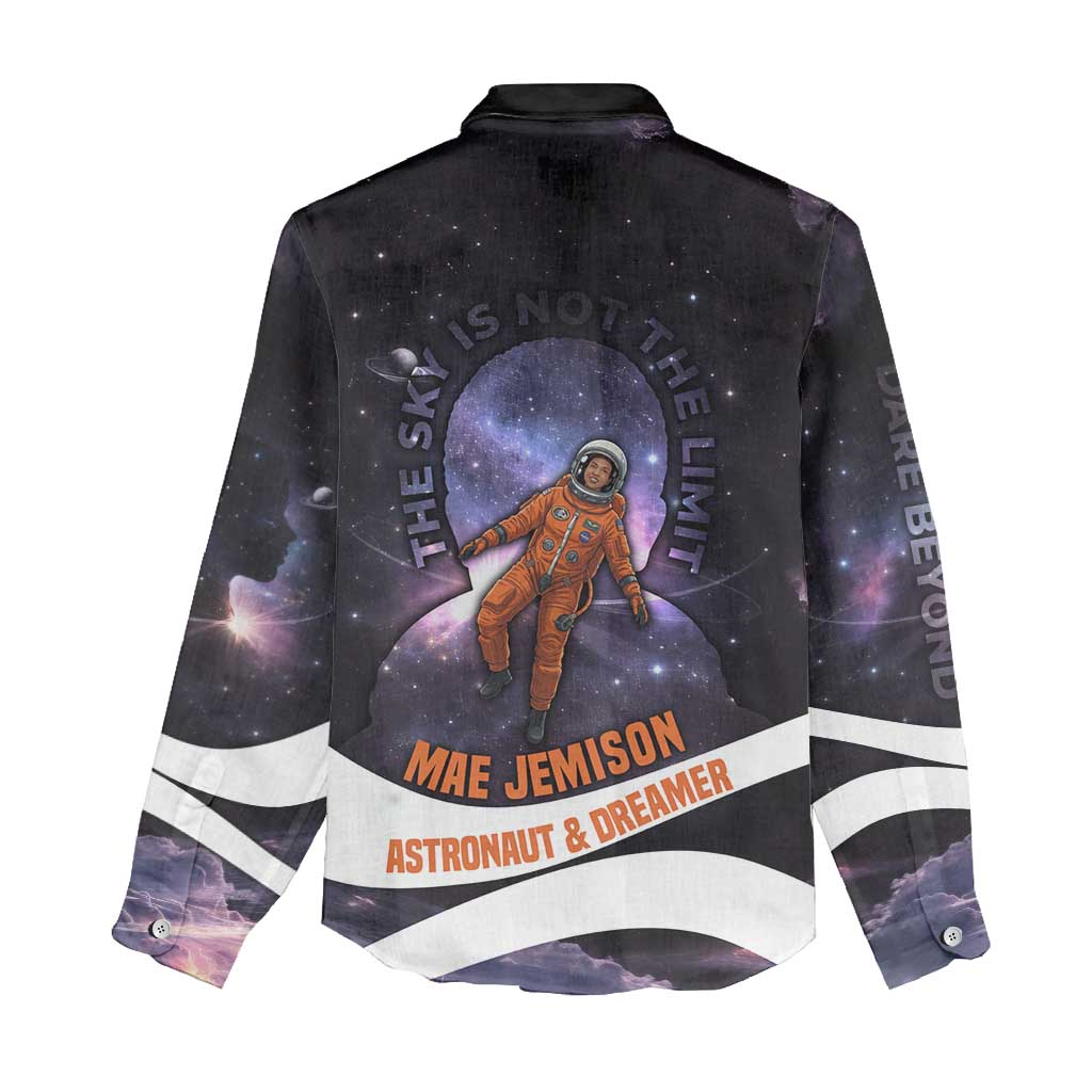 Mae Jemison Women Casual Shirt Cartoon Astronaut Portrait, The Sky Is Not the Limit Quote and Galaxy Dreamer - African Pride