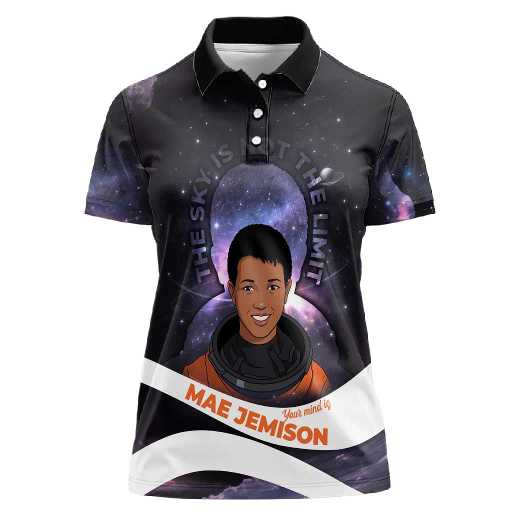 Mae Jemison Women Polo Shirt Cartoon Astronaut Portrait, The Sky Is Not the Limit Quote and Galaxy Dreamer - African Pride