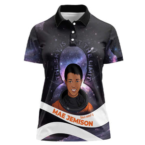 Mae Jemison Women Polo Shirt Cartoon Astronaut Portrait, The Sky Is Not the Limit Quote and Galaxy Dreamer - African Pride